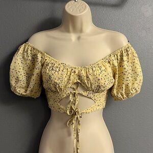 Sky & Sparrow Floral Smocked Off Shoulder Crop Top Puff Sleeve Cottagecore